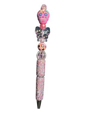Day Of The Dead Sugar Skull Beaded Ballpoint Pen Pink & Glitter Design Decorativ